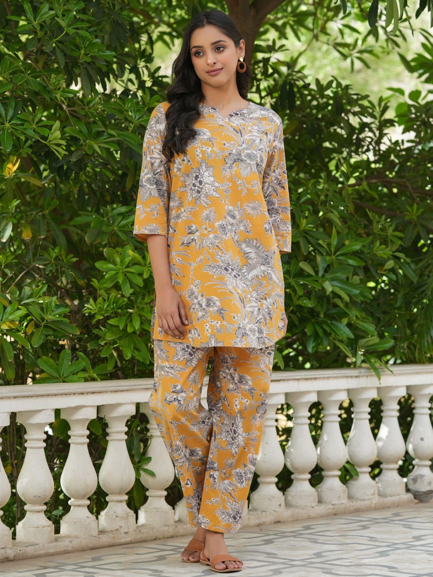 mustard color printed women pure cotton kurti & pyjama night suit (set of 2)