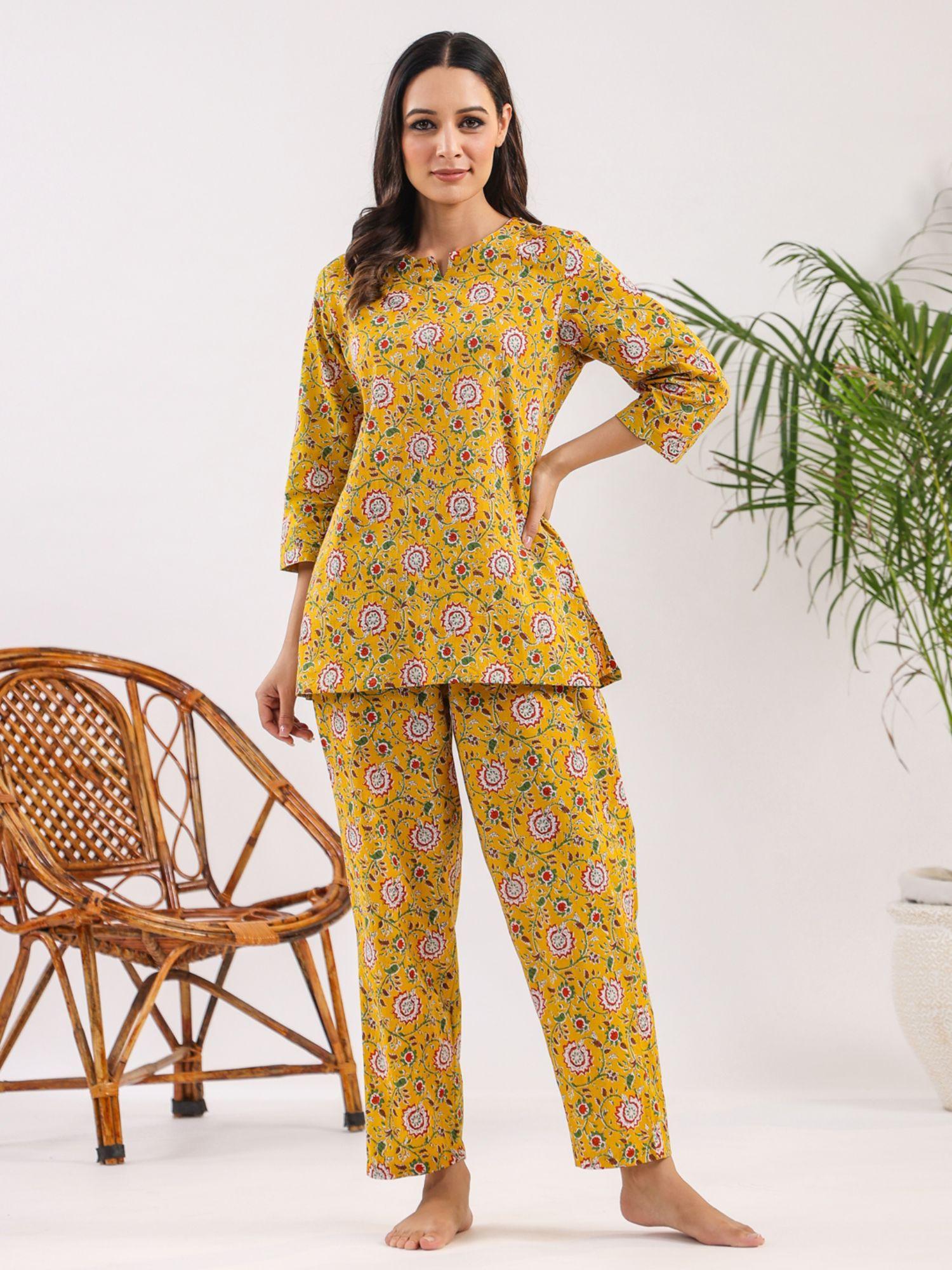 mustard color printed women pure cotton top & pyjama night suit (set of 2)