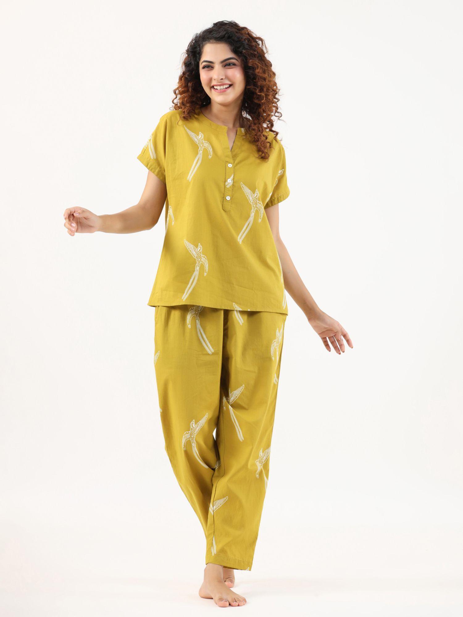 mustard color printed women pure cotton top & pyjama night suit (set of 2)