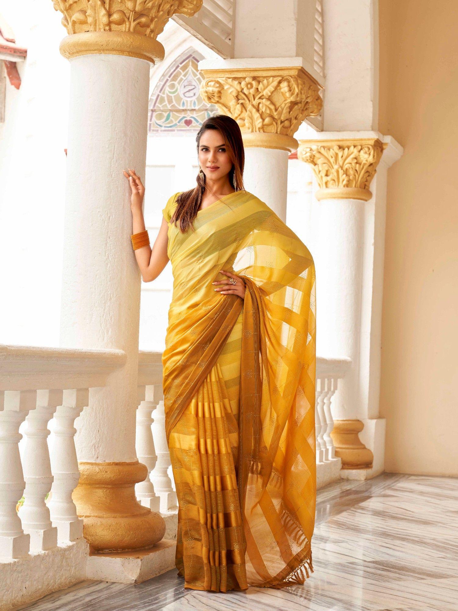 mustard color shaded satin striped saree with unstitched blouse