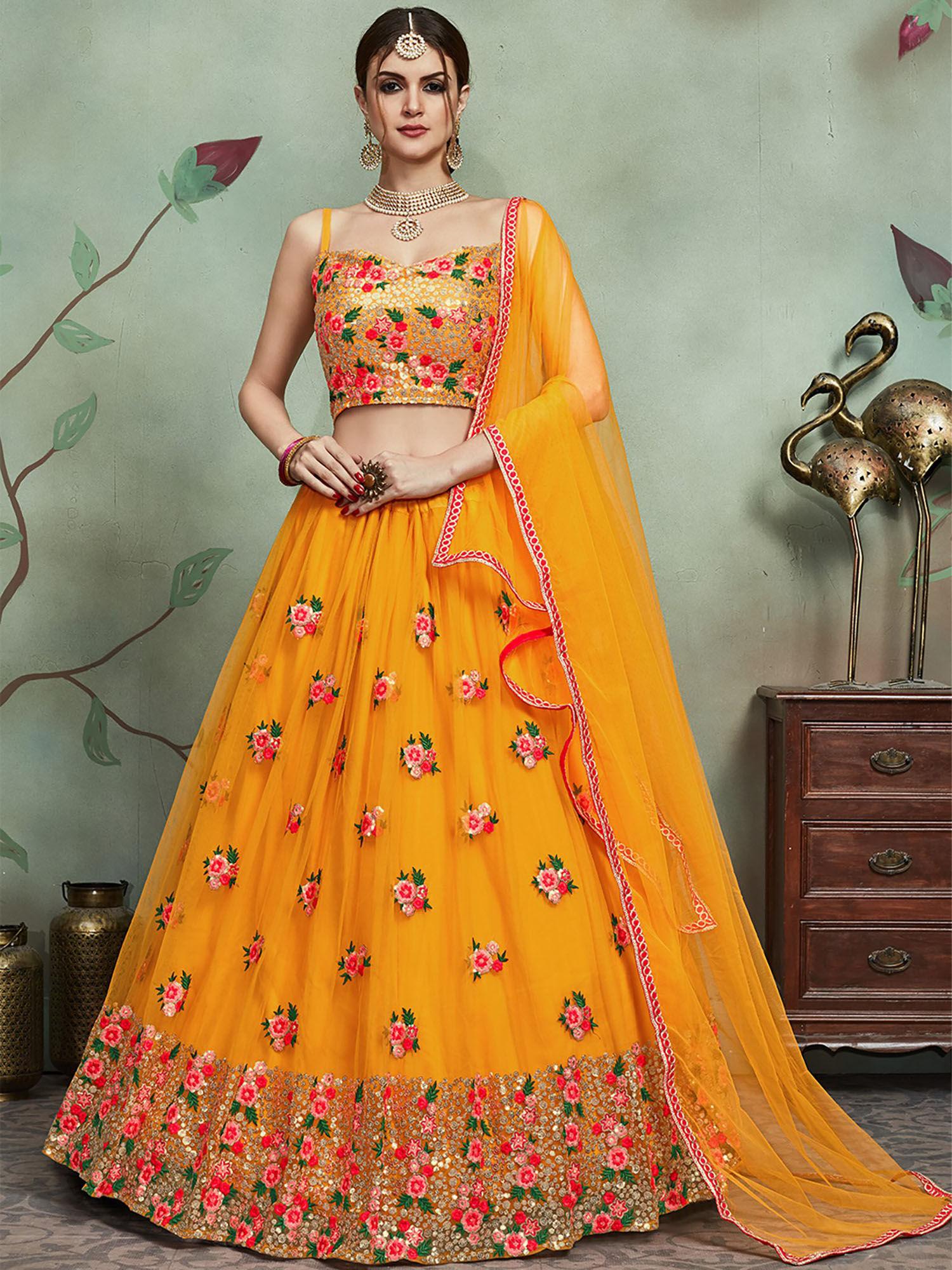 mustard color soft net sequins semi stitched lehenga with unstitched blouse (set of 3)