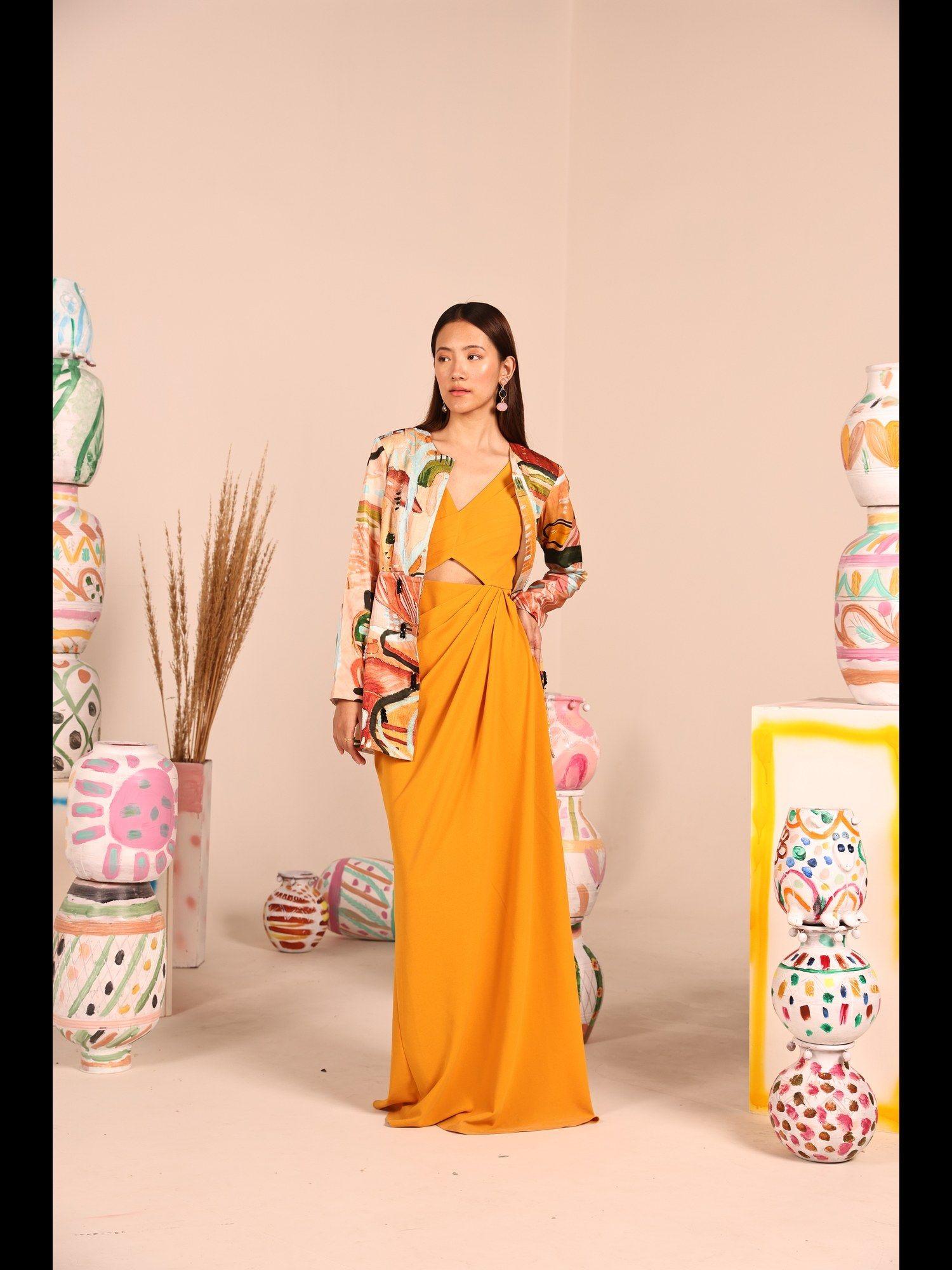 mustard colour a-line dress with multi colour jacket (set of 2)