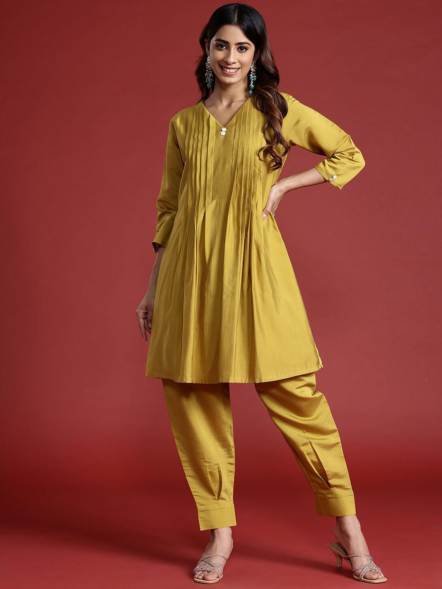 mustard colour chanderi silk fabric pleated tunic with trouser co-ord (set of 2)