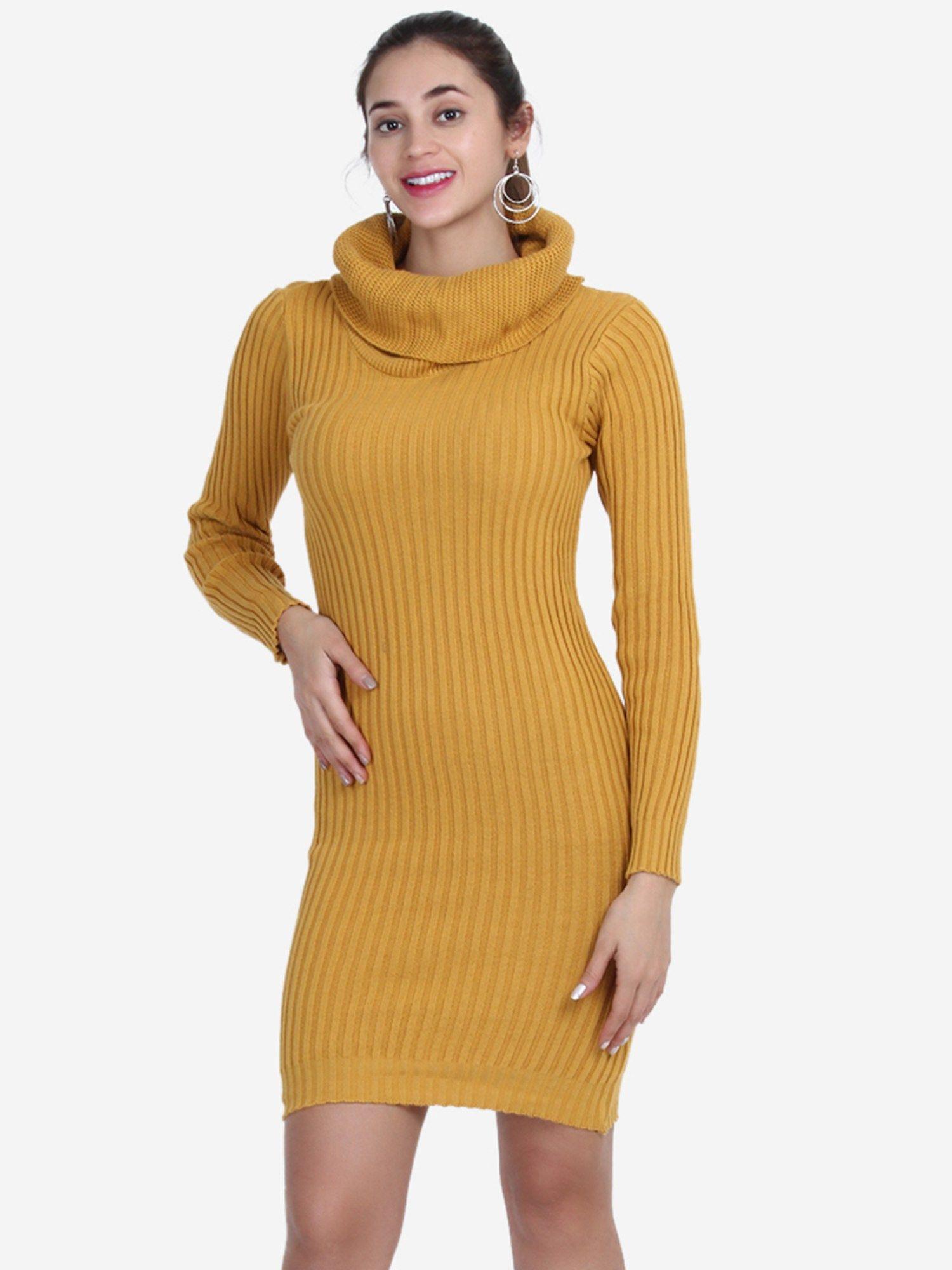 mustard colour turtle collar bodycon dress