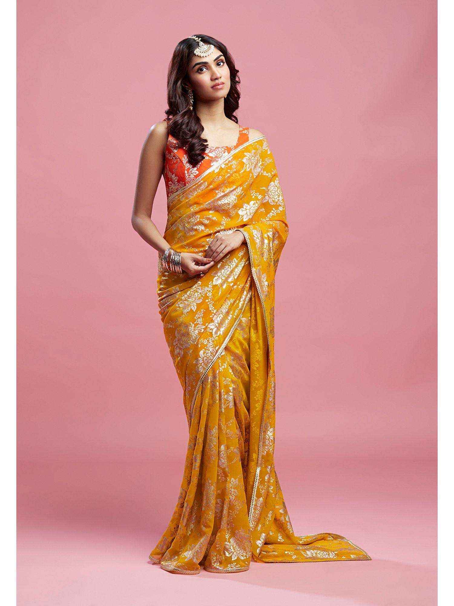 mustard contrast barfi saree with stitched blouse