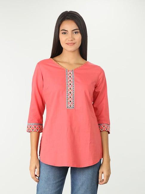 mustard coral cotton embroidered top