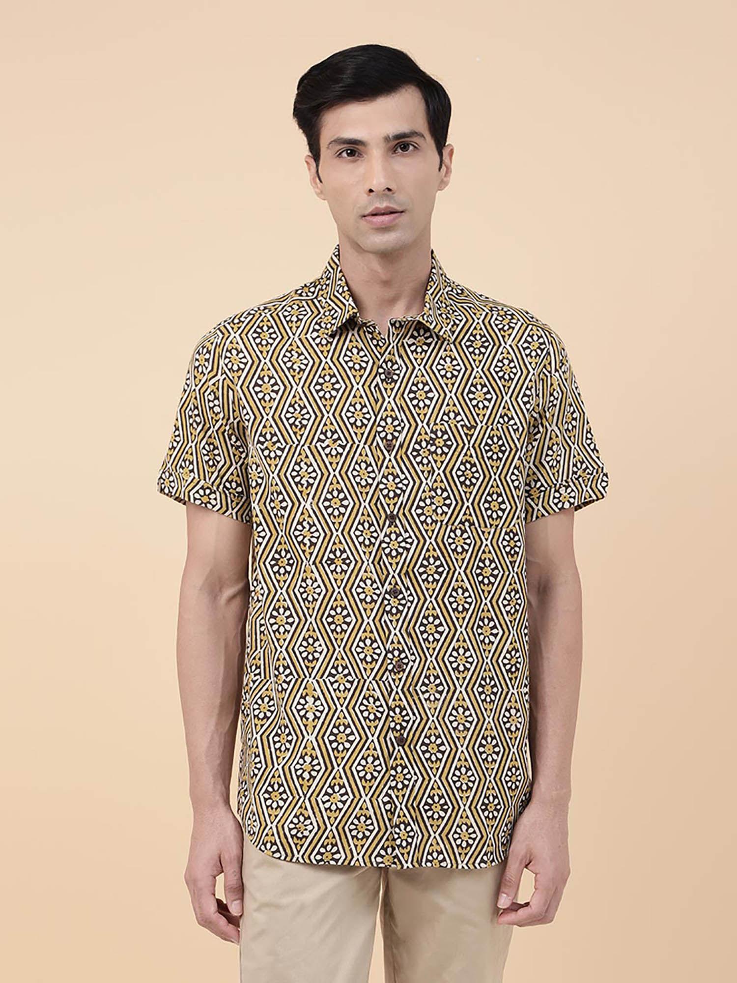 mustard cotton bagru printed regular shirt