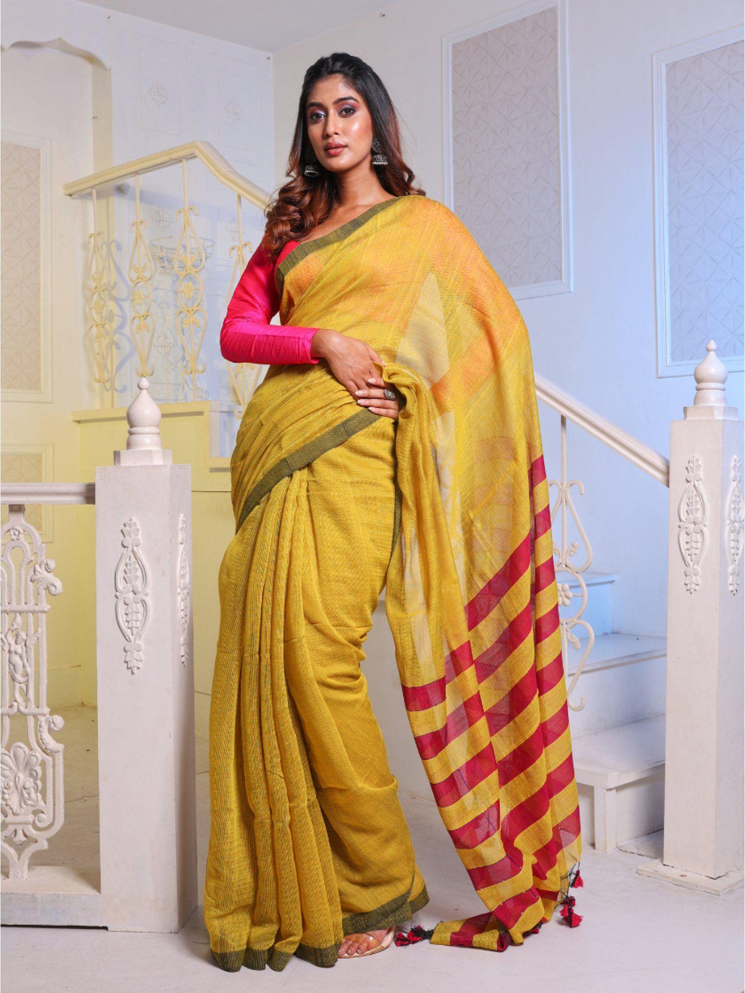 mustard cotton blend handwoven saree with unstitched blouse