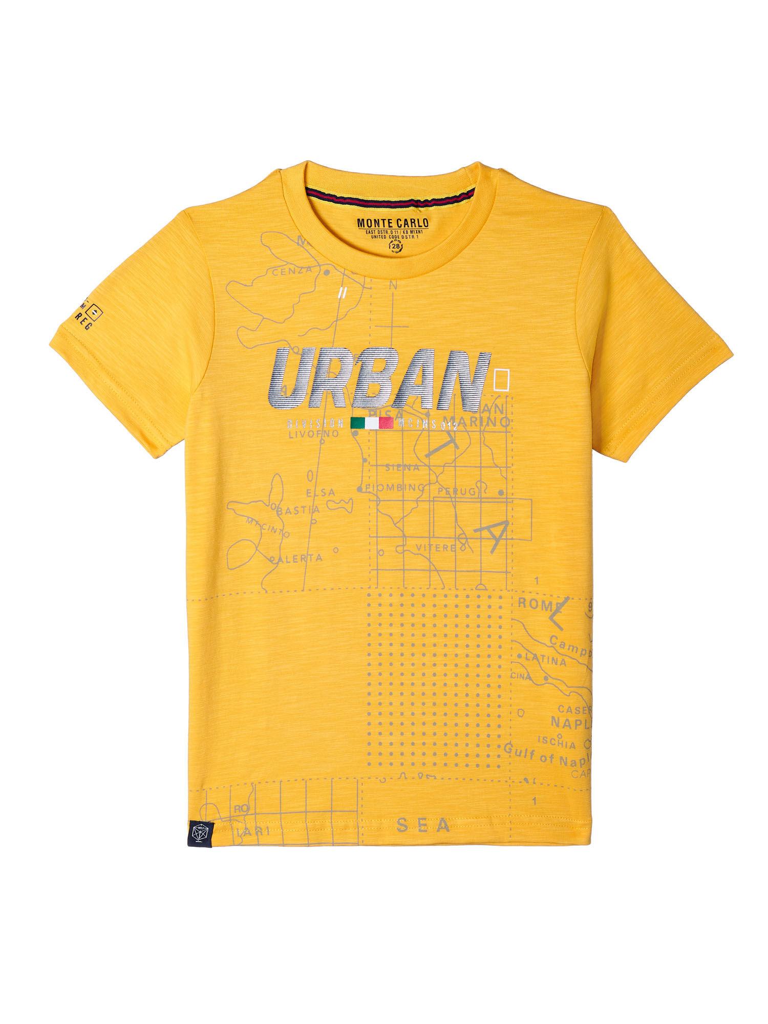 mustard cotton blend printed t-shirt