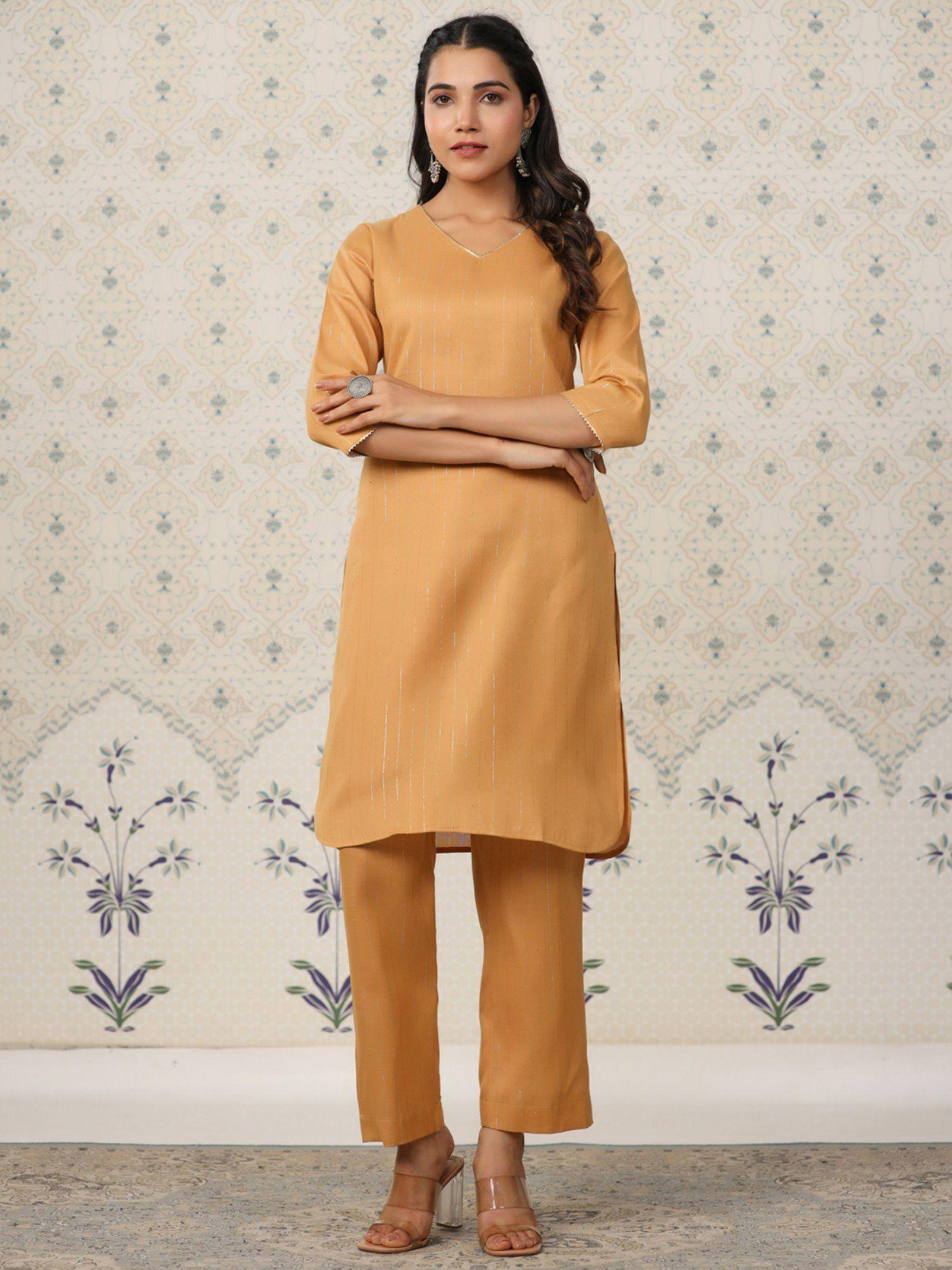 mustard cotton blend striped kurta and pant for women (set of 2)