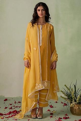mustard cotton cambric resham & cutdana embellished kurta set
