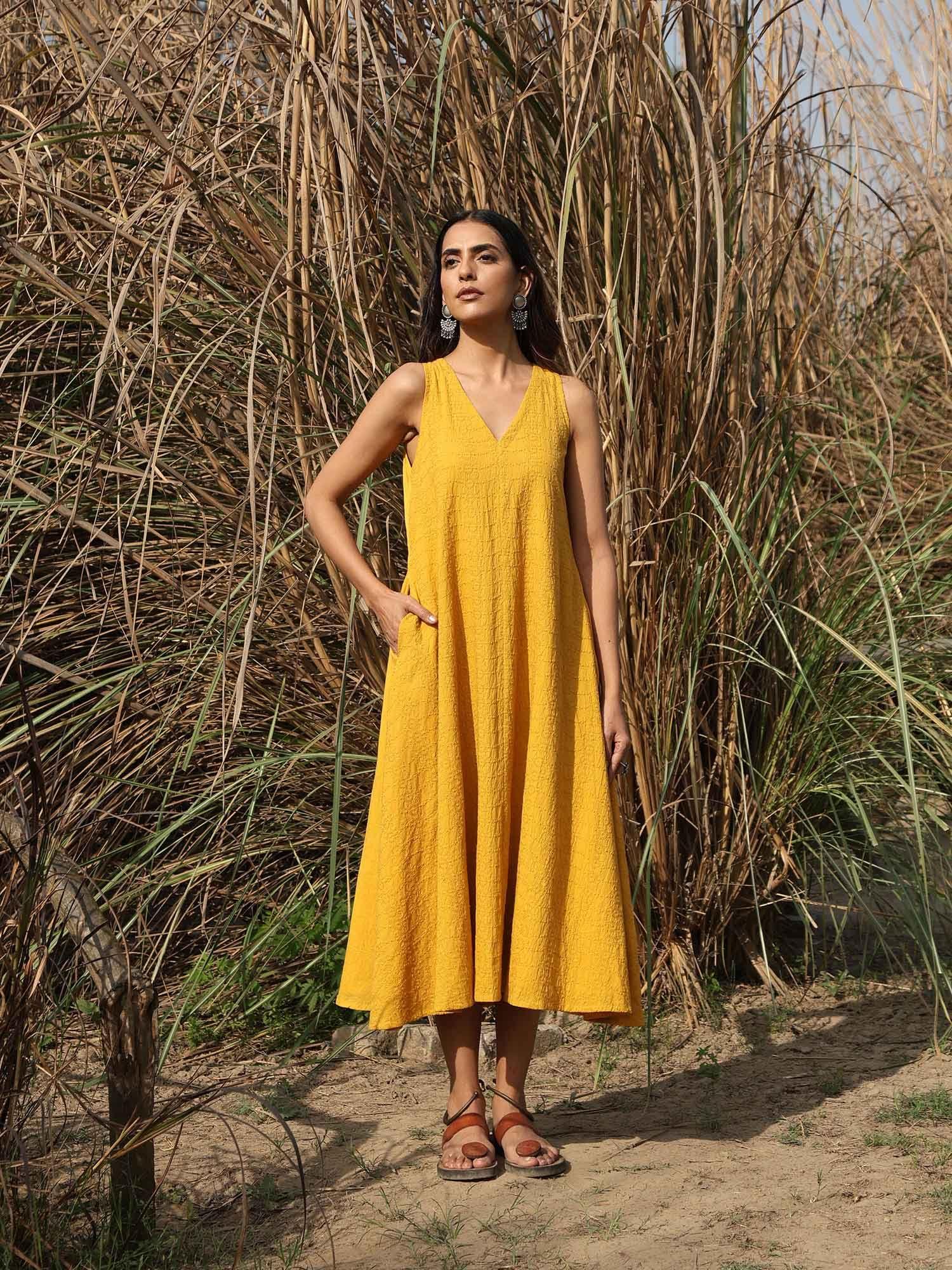 mustard cotton embroidered flared midi dress