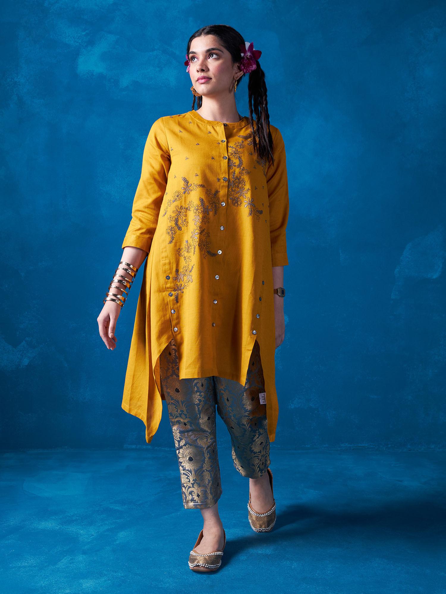 mustard cotton flex embroidered asymmetrical tunic liktop04