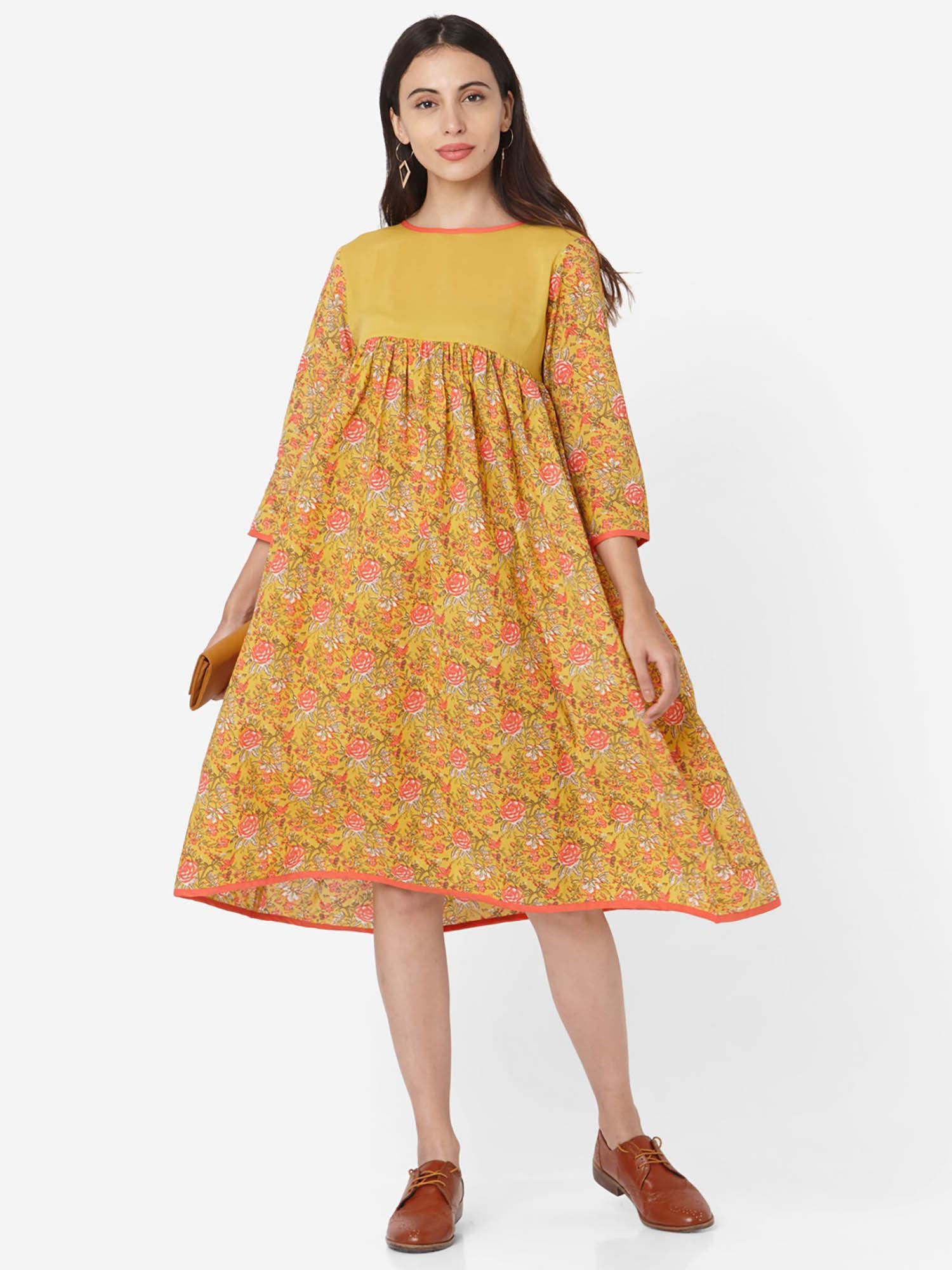 mustard cotton floral printed casual dress for women