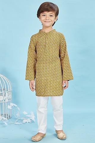 mustard cotton floral printed kurta set for boys