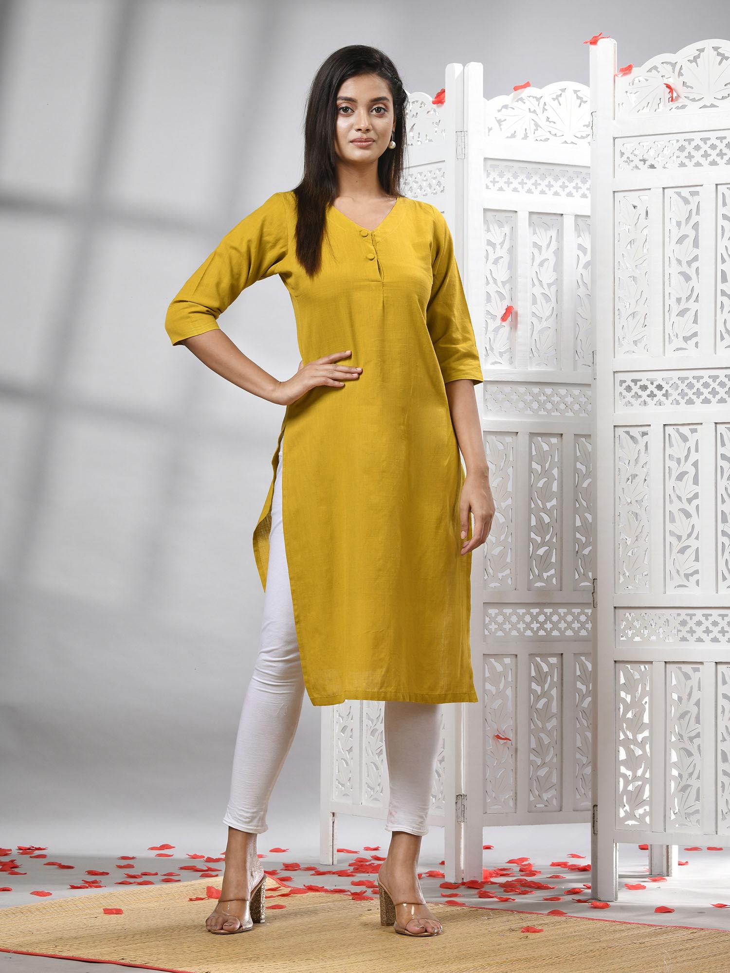 mustard cotton handwoven kurti