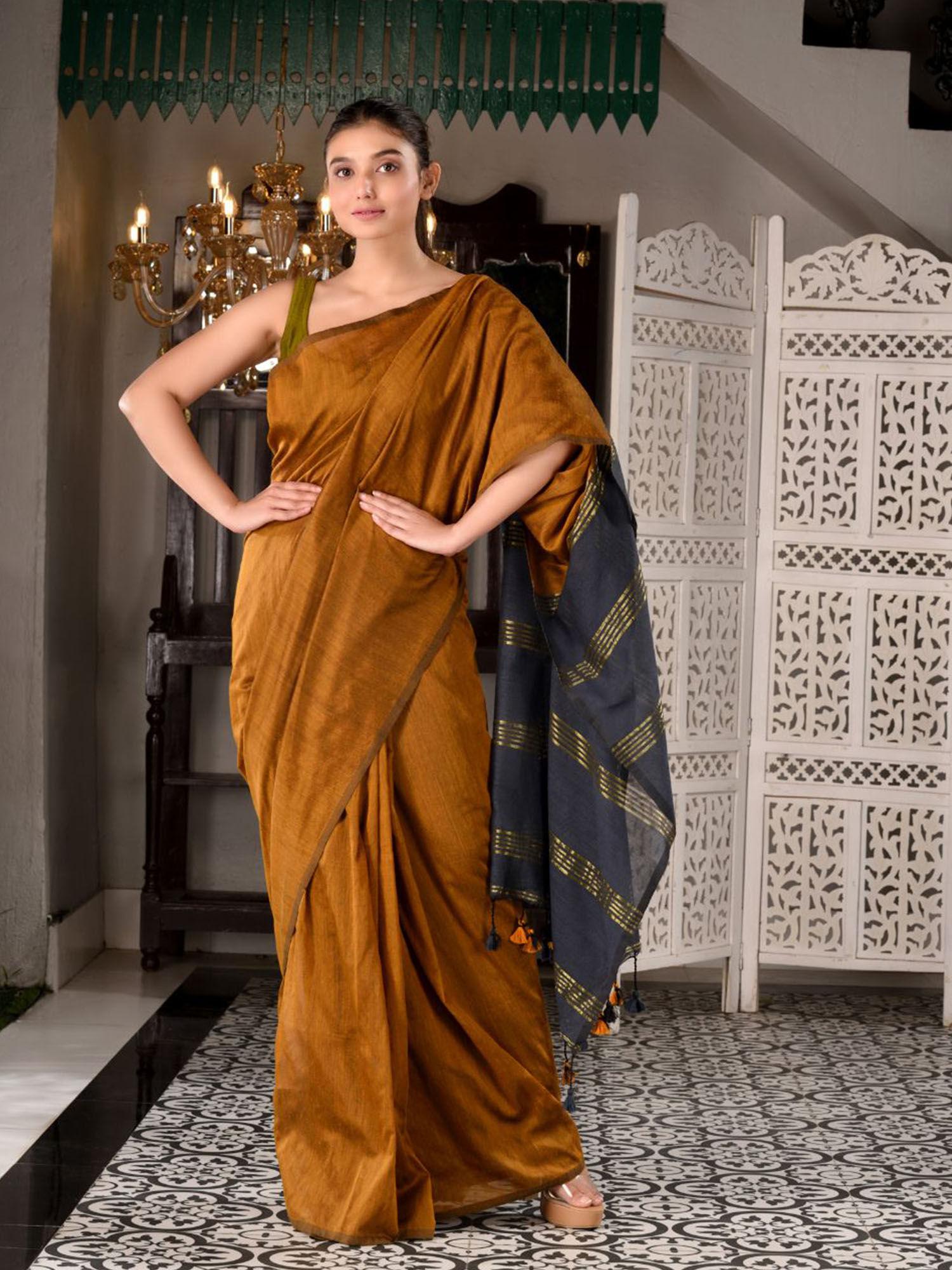 mustard cotton handwoven saree with zari in pallu unstitched blouse piece