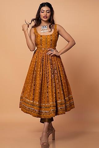 mustard cotton ikat anarkali set