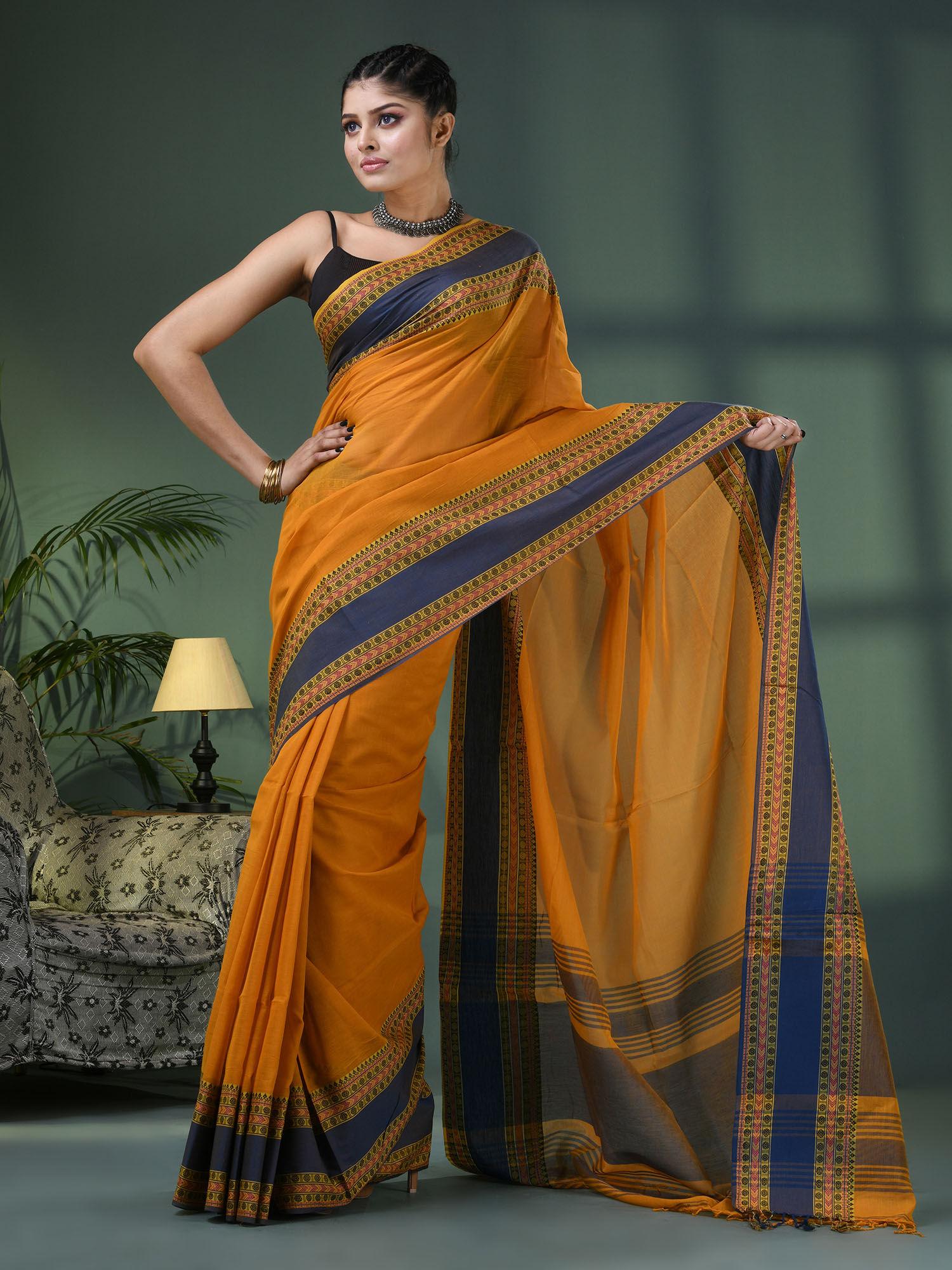 mustard cotton jacquard border handloom saree with unstitched blouse