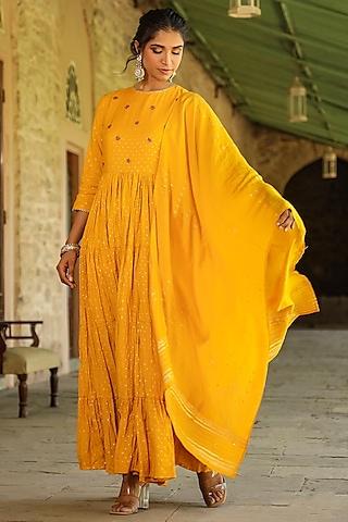 mustard cotton jacquard embellished maxi dress with dupatta