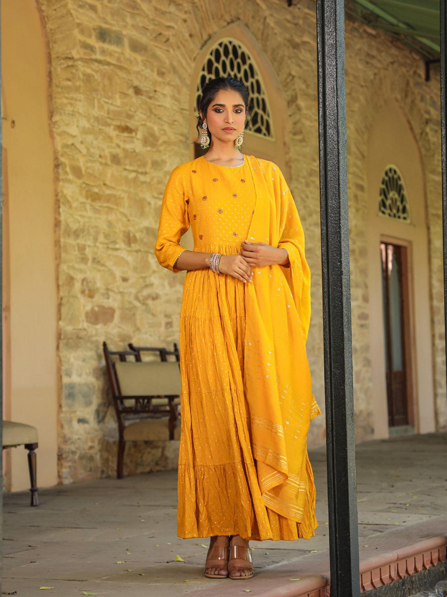 mustard cotton jacquard embellished tiered ethnic dress with dupatta (set of 2)