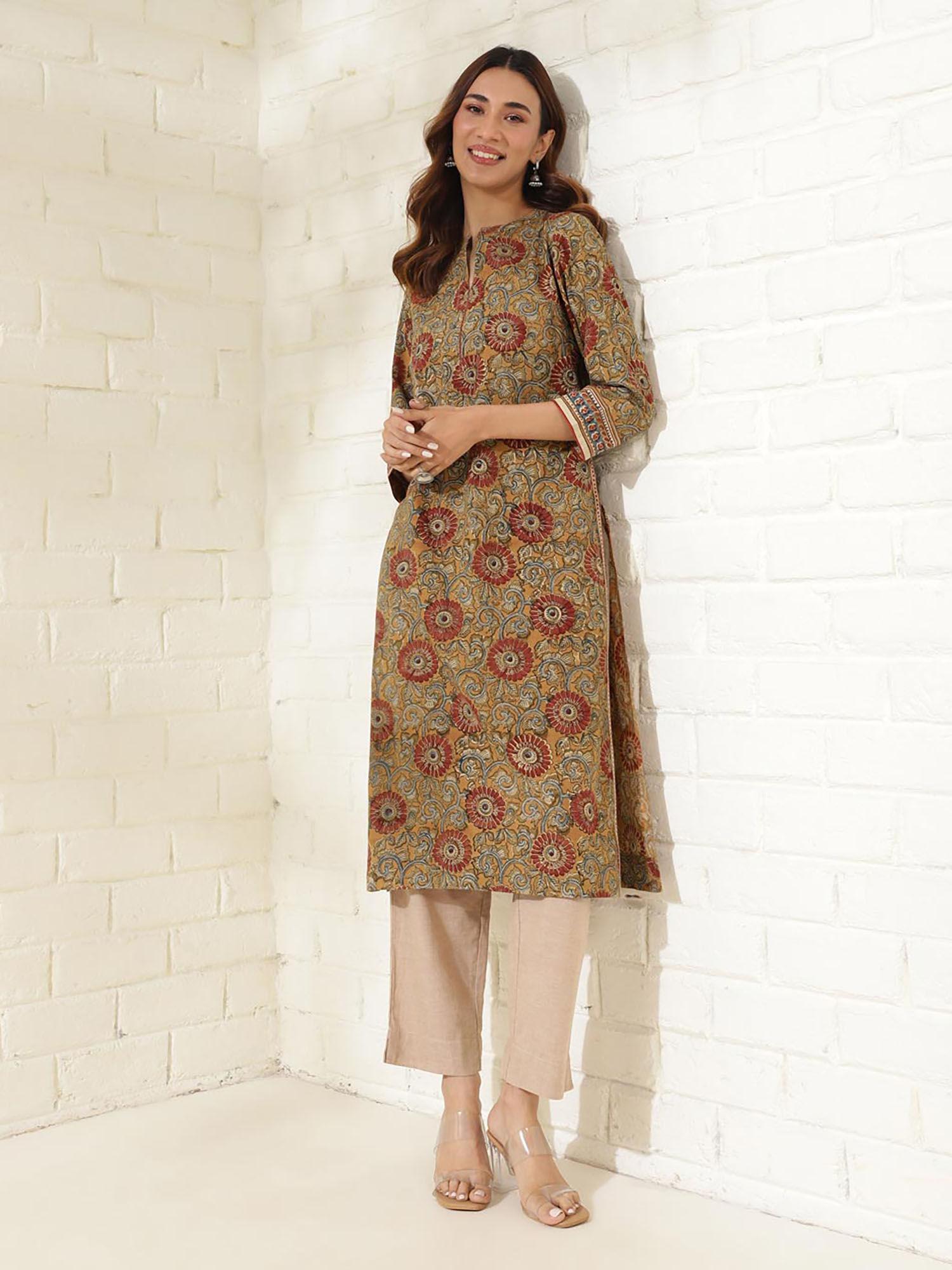 mustard cotton kalamkari printed long kurta