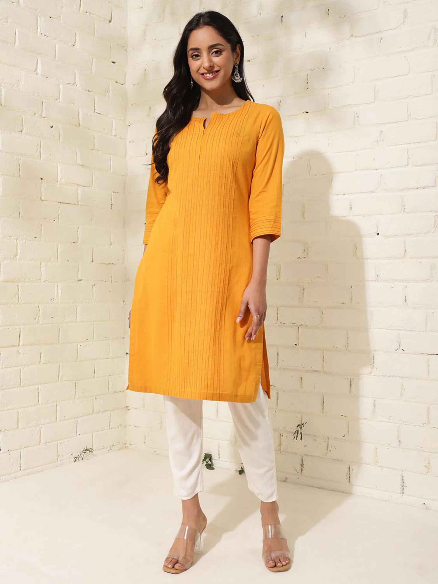 mustard cotton knee length regular fit striped round neck kurta