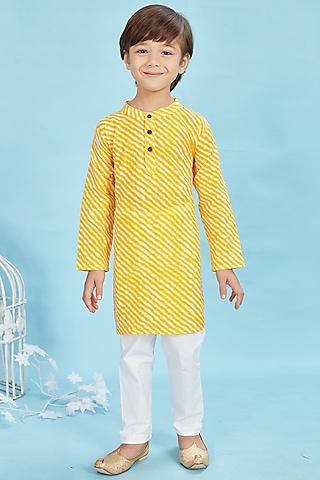 mustard cotton leheriya printed kurta set for boys