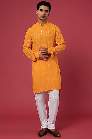 mustard cotton polyester embroidered kurta set for boys