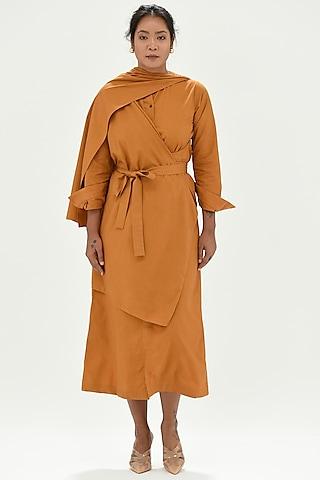 mustard cotton poplin draped robe dress