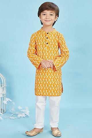 mustard cotton printed kurta set for boys
