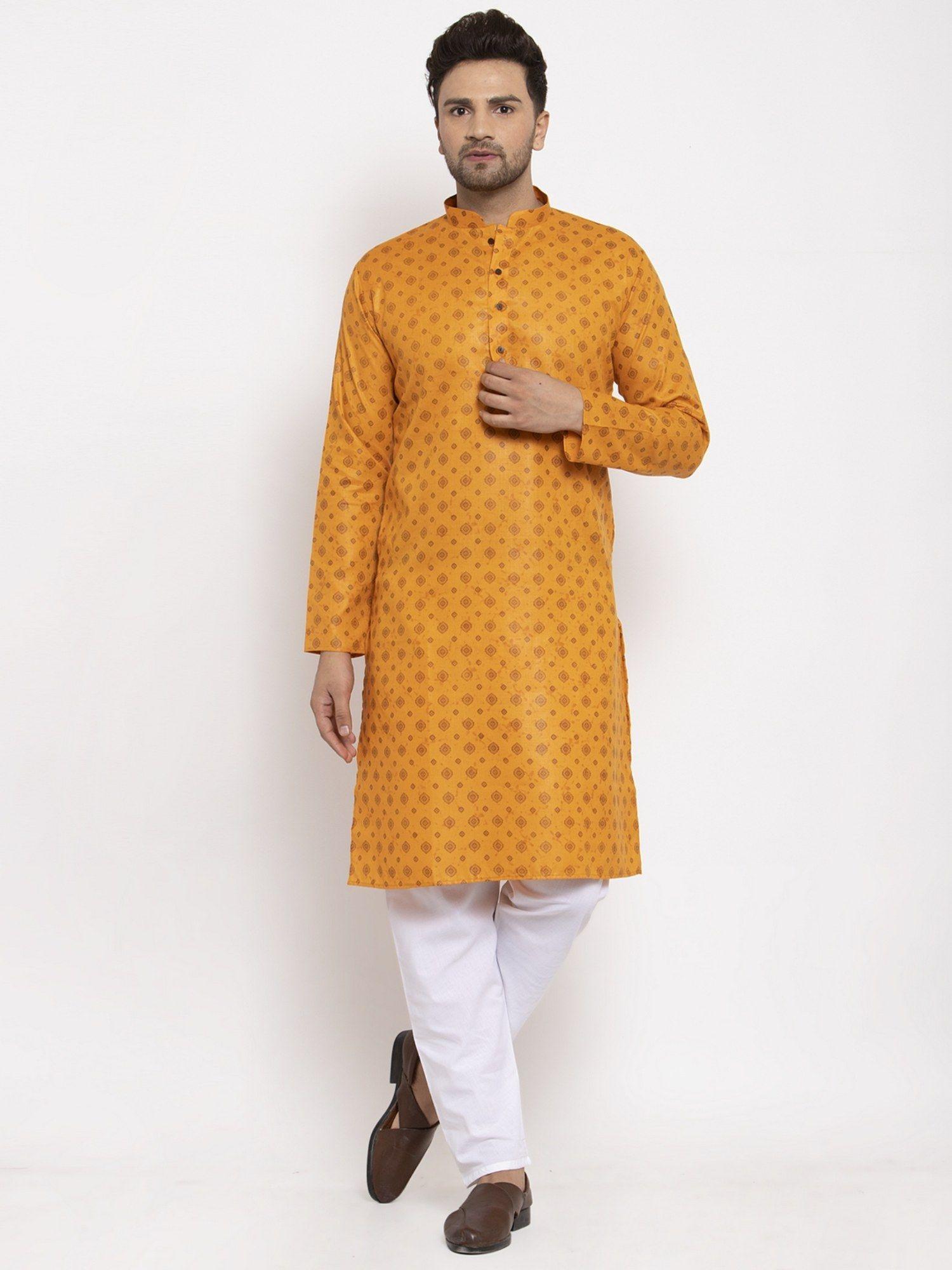 mustard cotton printed kurta with pyjama (set of 2)