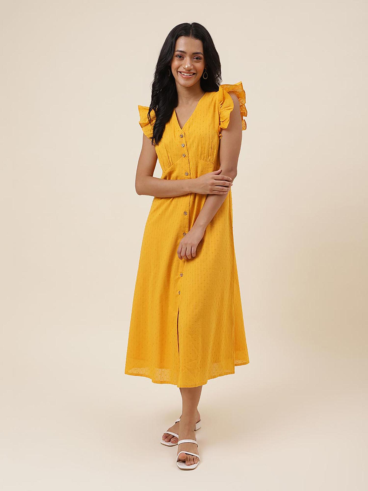 mustard cotton self design dress