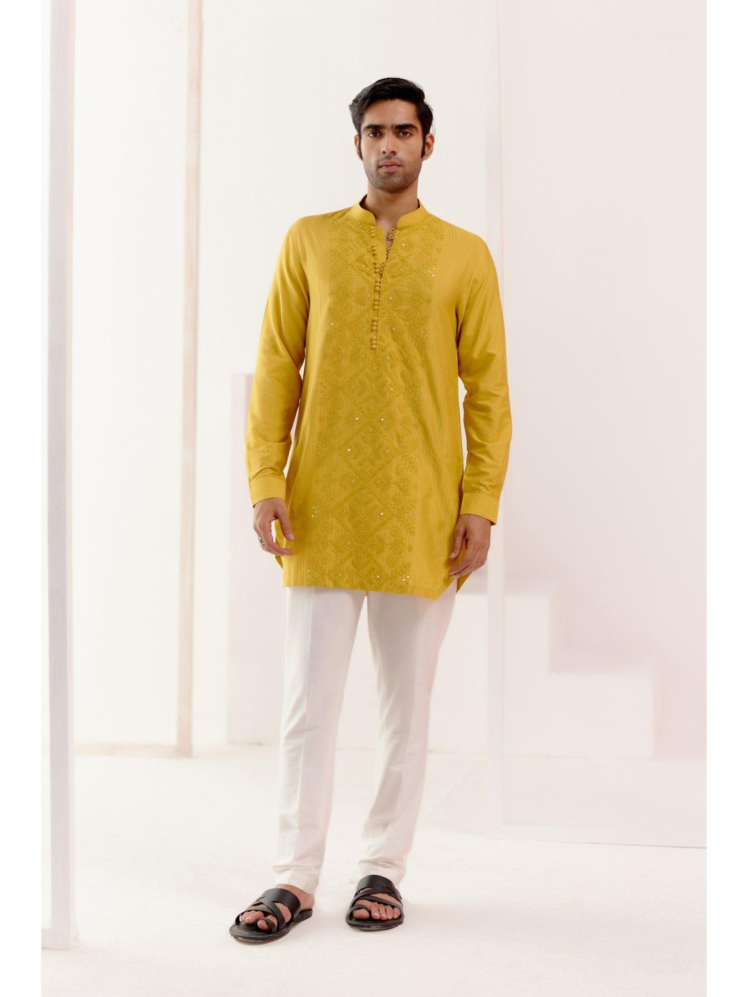 mustard cotton silk blend fully embroidered kurta (set of 2)