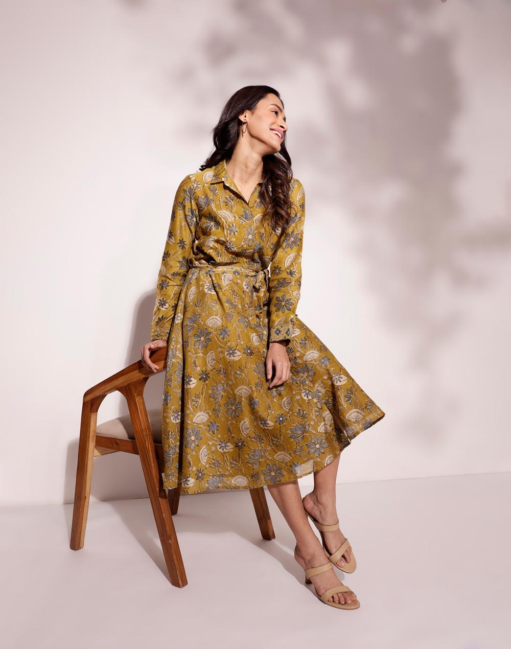 mustard cotton silk blend printed midi dress