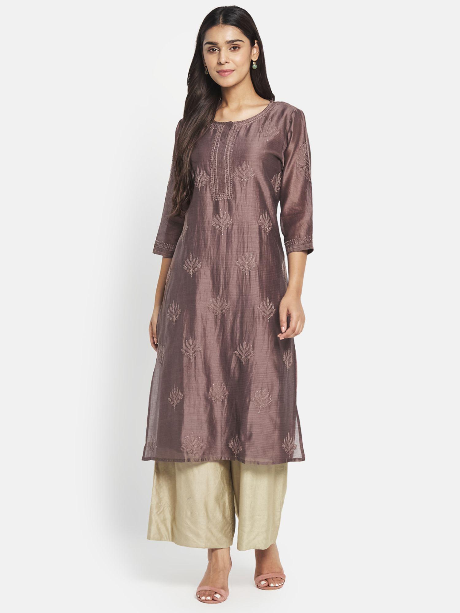 mustard cotton silk chikankari long kurta