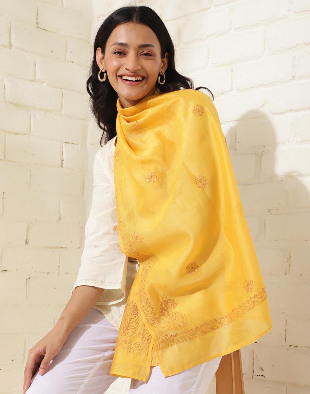 mustard cotton silk chikankari stole