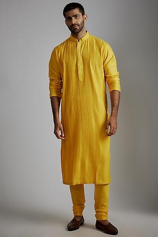 mustard cotton silk embroidered kurta set