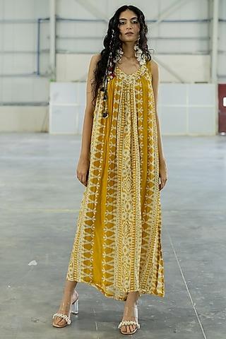mustard cotton silk embroidered maxi dress