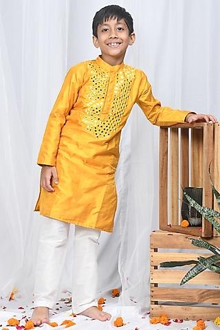 mustard cotton silk kurta set for boys