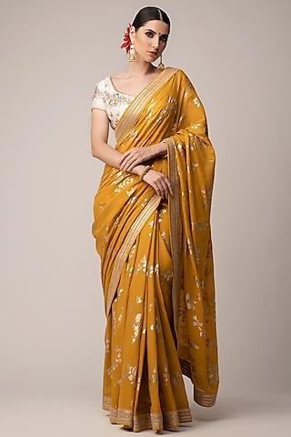 mustard cotton silk printed & embroidered saree set