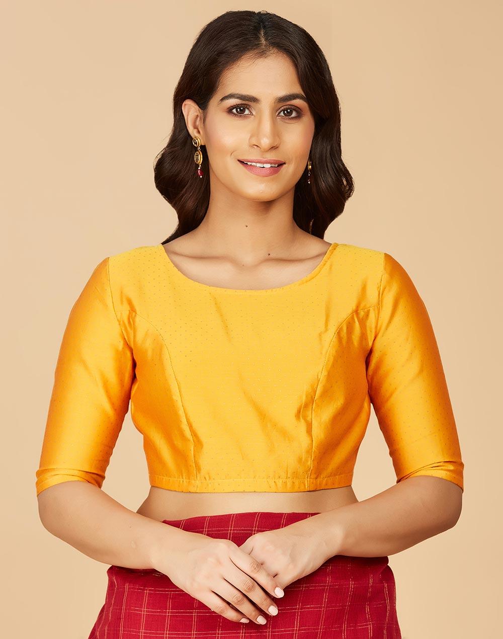 mustard cotton silk printed blouse stitched