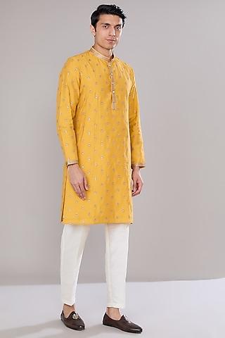 mustard cotton silk resham embroidered kurta set