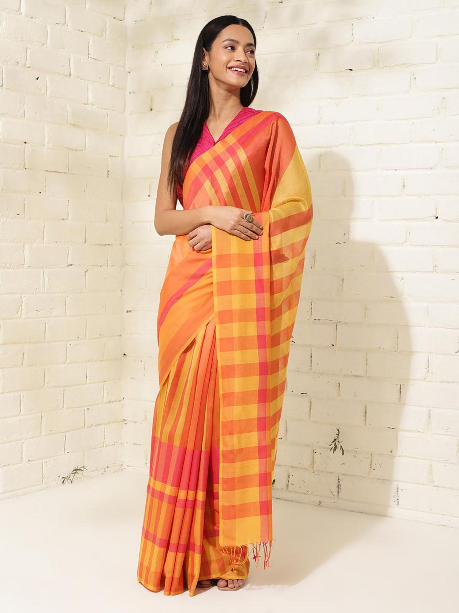 mustard cotton silk stripes printed saree without blouse