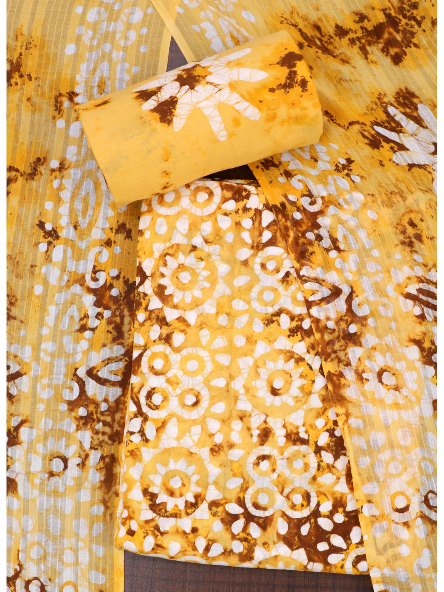 mustard cotton tie & dye printed unstitched dress material (set of 3)