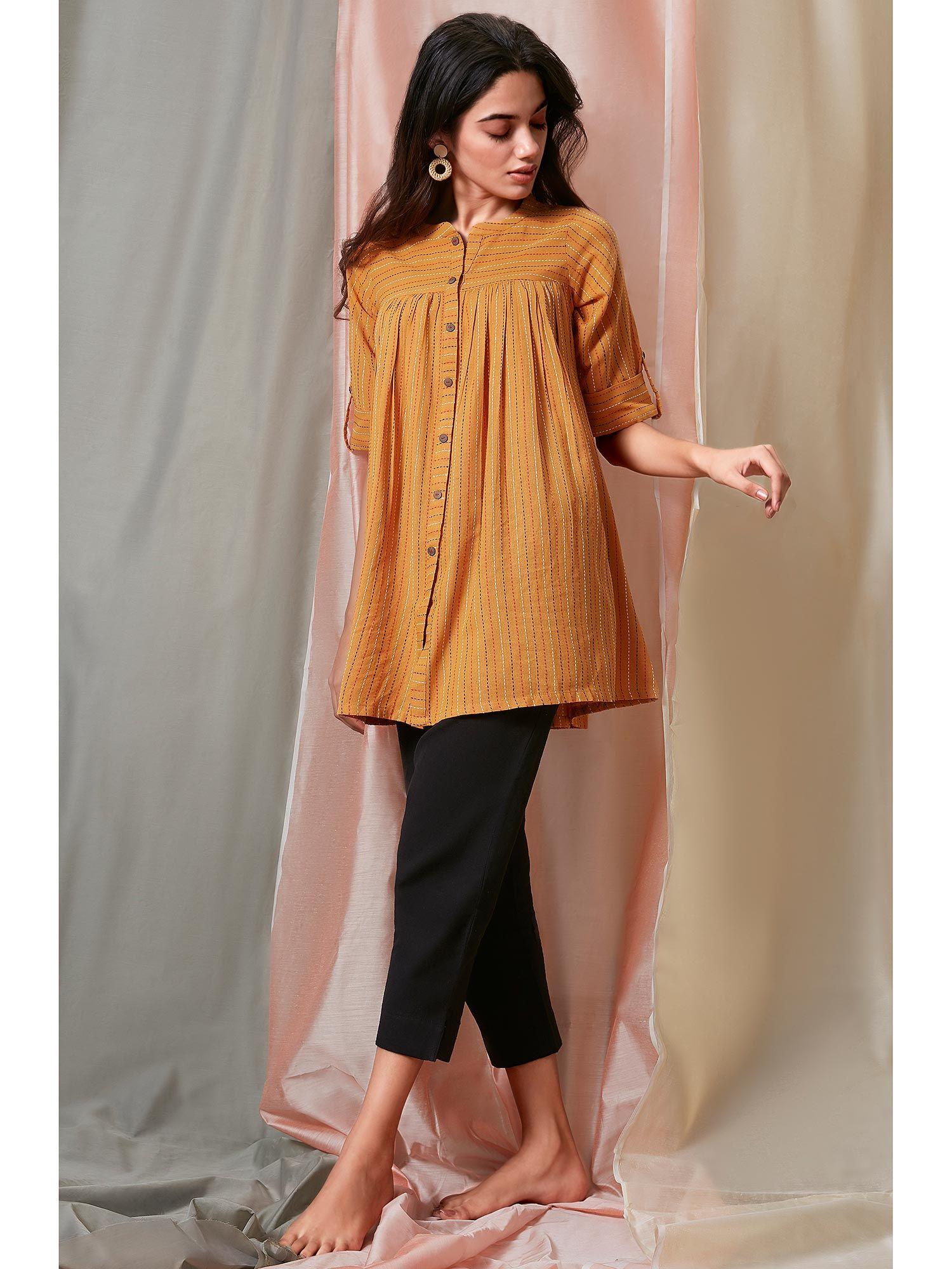 mustard cotton woven design gathered tunic