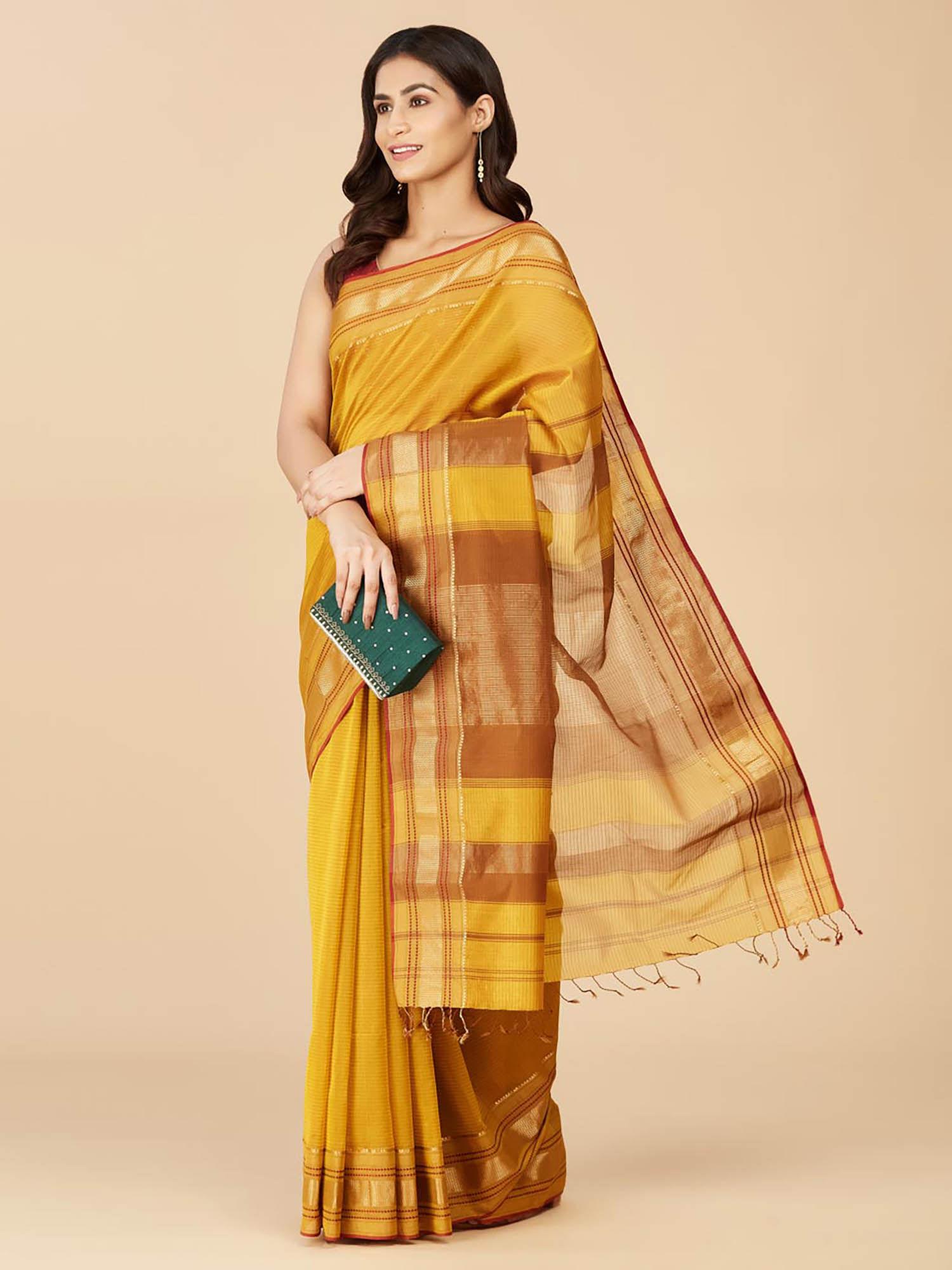 mustard cotton woven silk saree without blouse