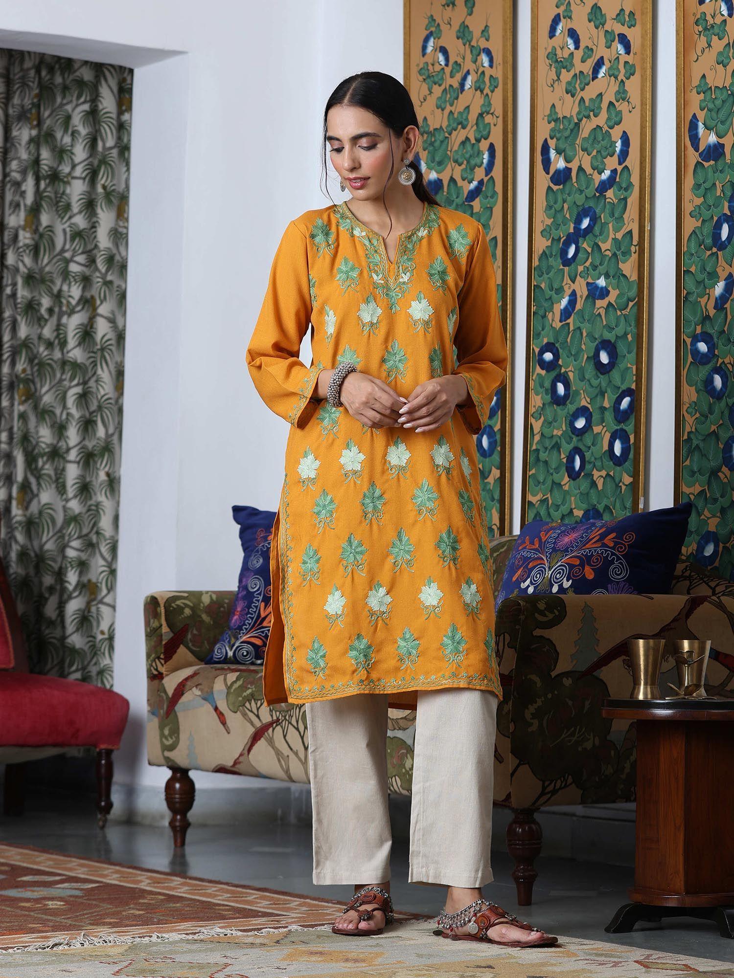 mustard crafts aari embroidered long kurta