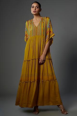 mustard crepe chiffon embroidered maxi dress