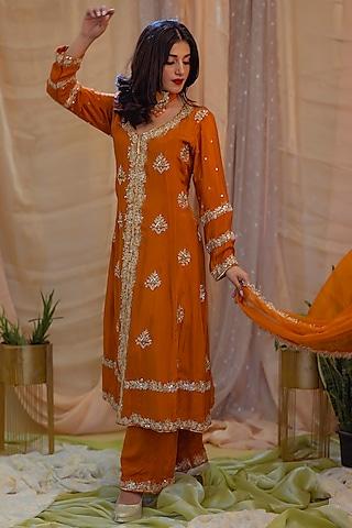 mustard crepe embroidered anarkali set